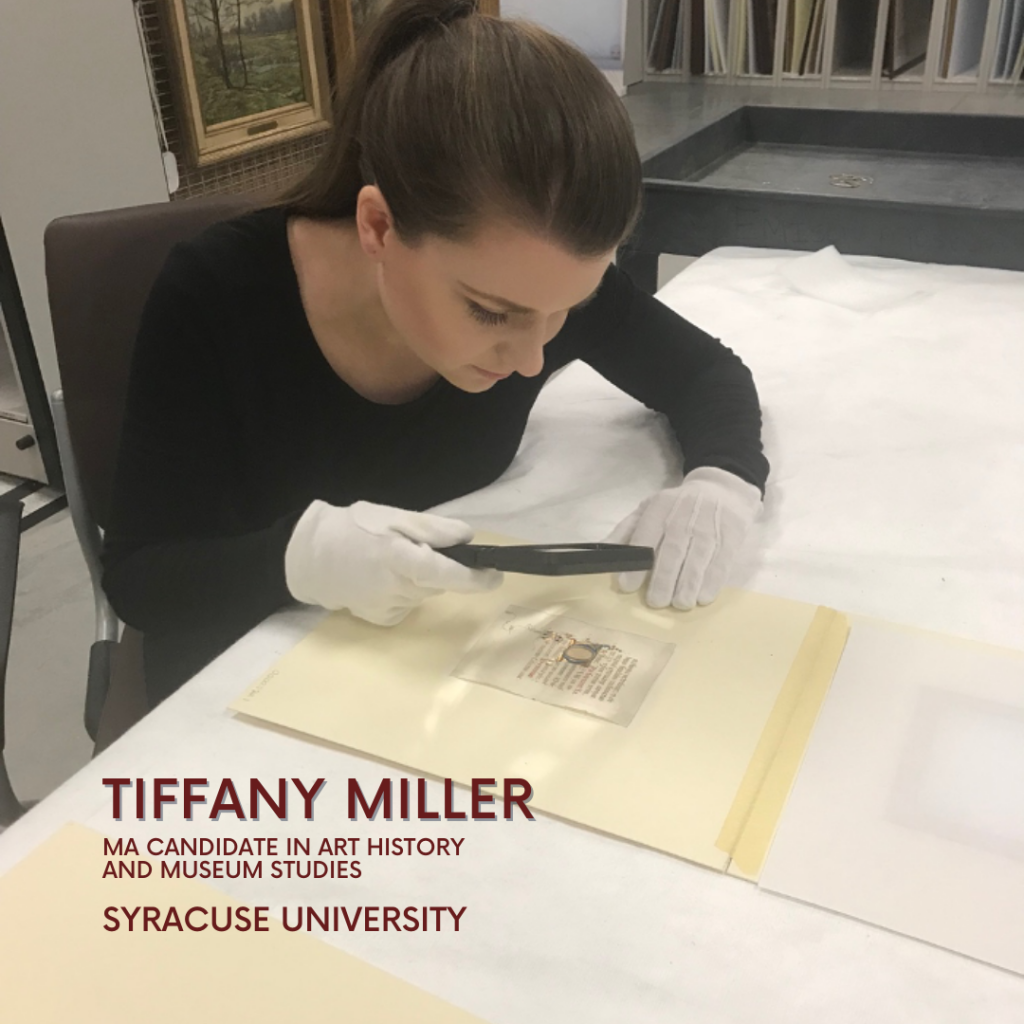 July member of the month, Tiffany Miller, examines an illuminated manuscript in a collections storage space.